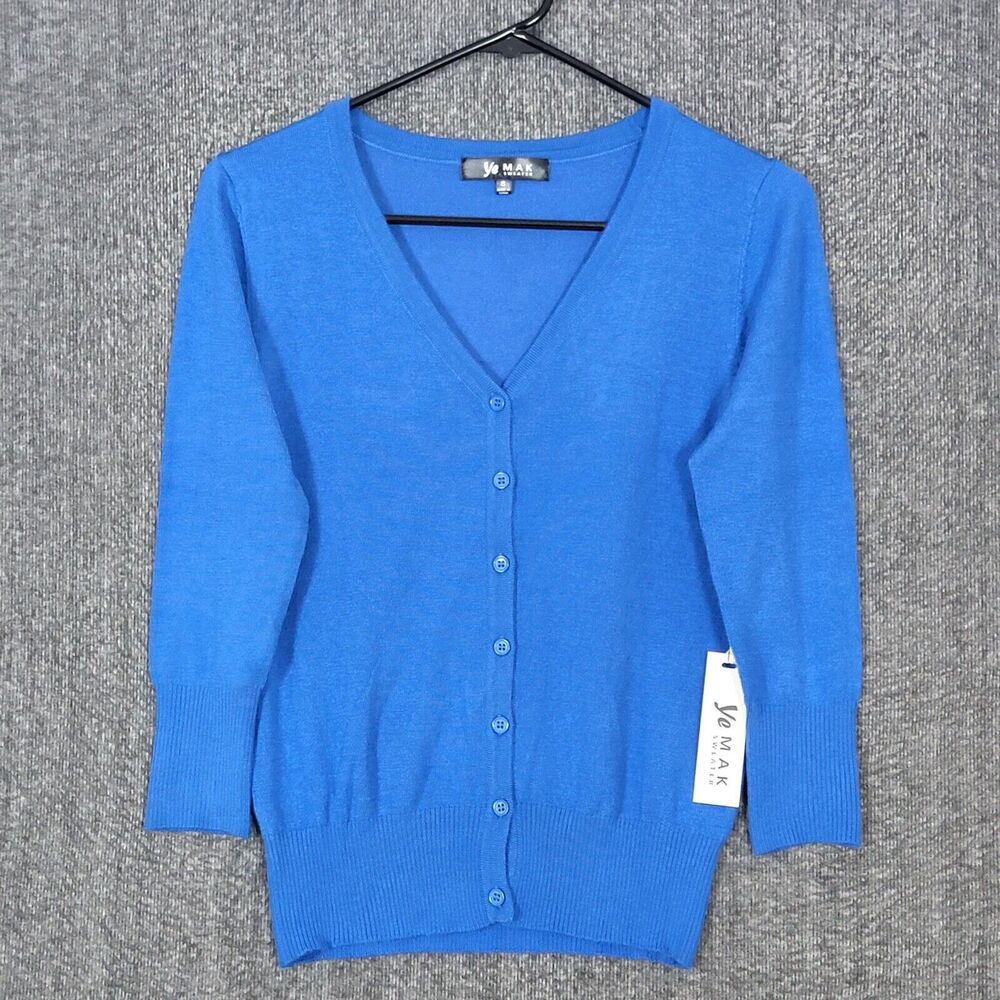 Yemak Sweater Cardigan Womens S Blue 3/4 Sleeve Button Down Super Soft V Neck